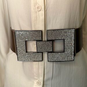 Dark brown PU leather elastic waistband belt with rhinestone details buckle